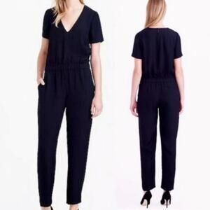 J Crew Collection Jumpsuit V Neck Keyhole Back Short Sleeve Straight Leg Black 6